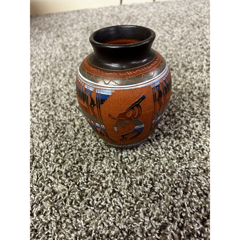 Navajo Etched Kokopelli Red Clay Pottery Vase Hand Painted Native American 6.5"